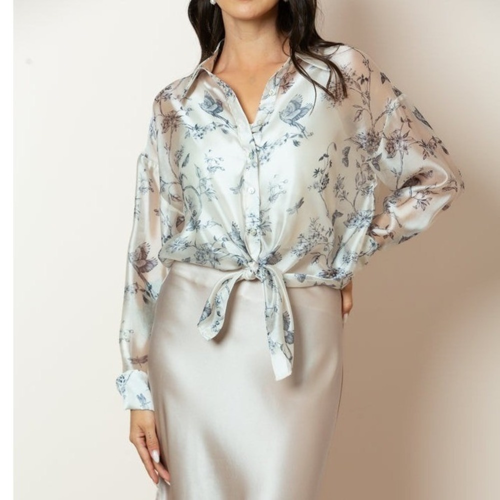 Jessie Liu Sheer Botanical Blouse Size XL Cream Gray Birds Floral Button Up Top‎